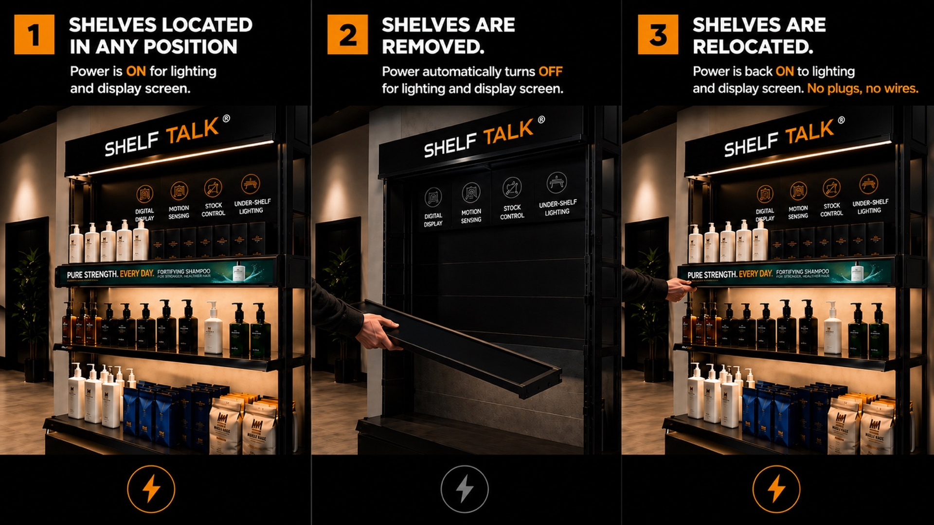 Shelf Talk demonstration: shelves in position, removed, and relocated with continuous power